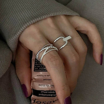 PANJBJ 925 Sterling Silver Overlapping Rings For WomenHollow out Bead Geometry Trend Design Versatile Jewelry Gift Dropshipping - Touchy Style