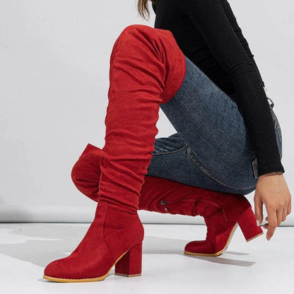 New Winter Zipper Women Over-the-Knee Boots Fashion Flock Square Heel Shoes Thigh High Long Botas De Mujer - Touchy Style