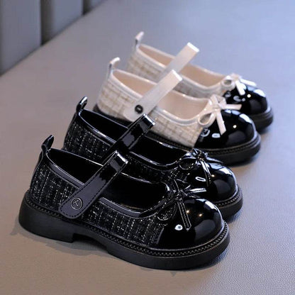 Girls Patchwork Black Leather Shoes Autumn Butterfly-knot Lolita Children Mary Janes Elegant Round Toe Comfort Kids Shoes H07164 - Touchy Style