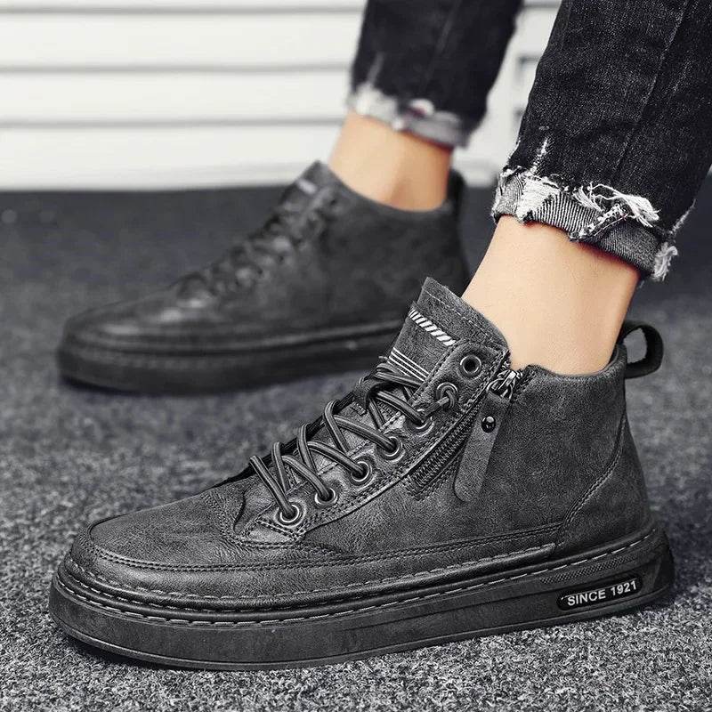 Leather Boots Men Spring High Casual Shoes for Men Trend Zipper Walk Flats Winter Shoes Vulcanized Ankle Boots New Zapatillas - Touchy Style