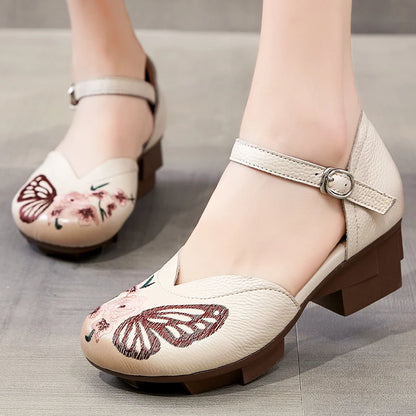 High Heels Sandals Women Shoes 2024 New Spring Genuine Leather Buckle Strap Retro Round Toe Casual Platform Ladies Shoes