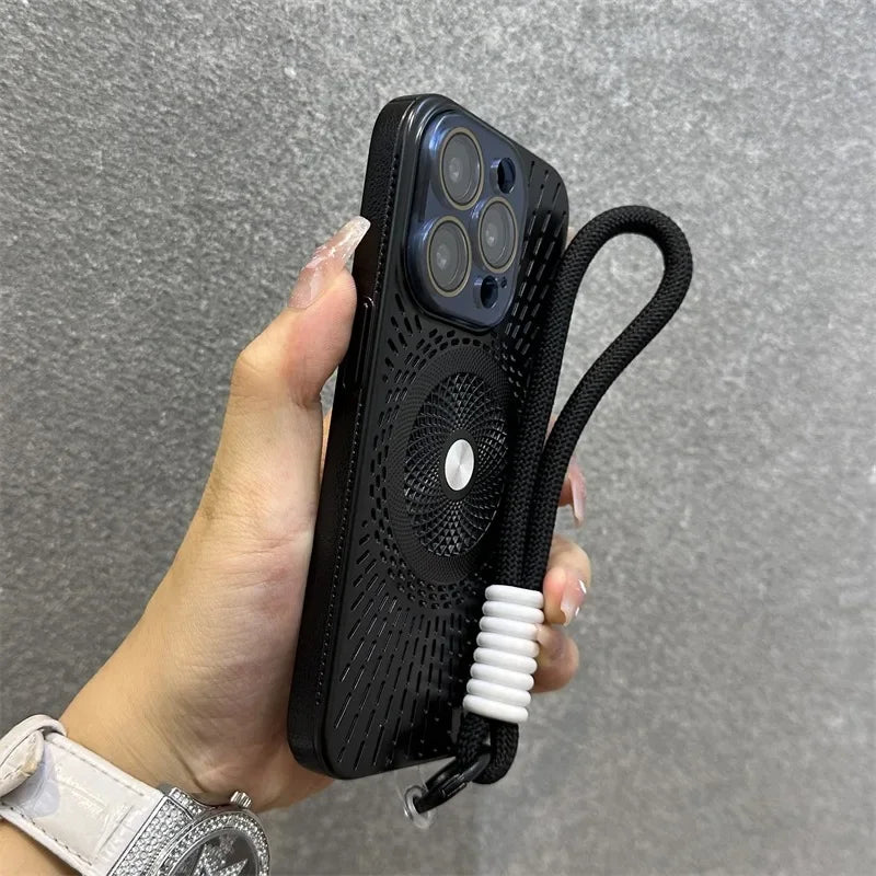 Luxury Wristband Lanyard Magnetic Case for iPhone 16 15 14 13 12 Pro Max 16 Plus Magsafe Hollow Out Heat Dissipation Slim Cover