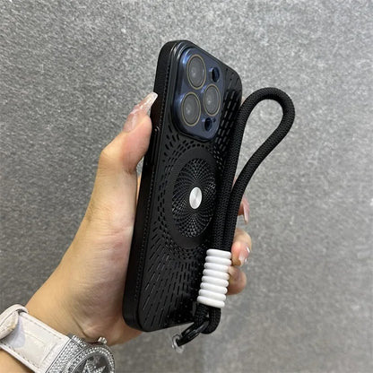 Luxury Wristband Lanyard Magnetic Case for iPhone 16 15 14 13 12 Pro Max 16 Plus Magsafe Hollow Out Heat Dissipation Slim Cover