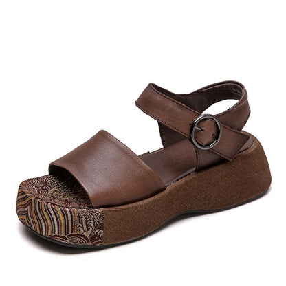 Summer New Thick Sole Peep Toe Sandals Genuine Leather Chinese Style Retro Versatile Women&