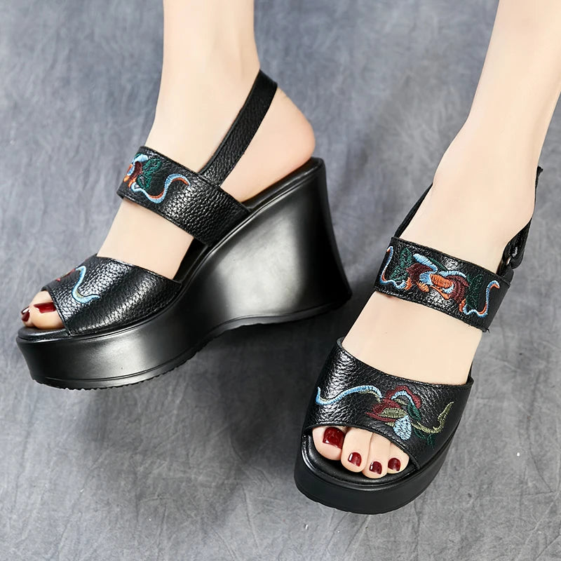 New Women Luxury Platform Wedge Sandals Cow Genuine Leather Summer Shoes Hollow Pumps Casual Breathable Leisure