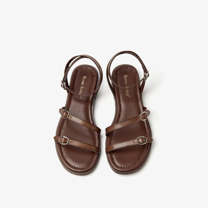 BEAUTODAY Fashion Sandals Women Cow Leather Buckle Strap Open Toe Solid Color Casual Ladies Flat Shoes Handmade 32403