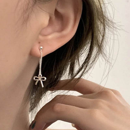 925 Sterling Silver Long Earring Charm Jewelry - Bowknot Hollow Out Chain - E1520 - Touchy Style
