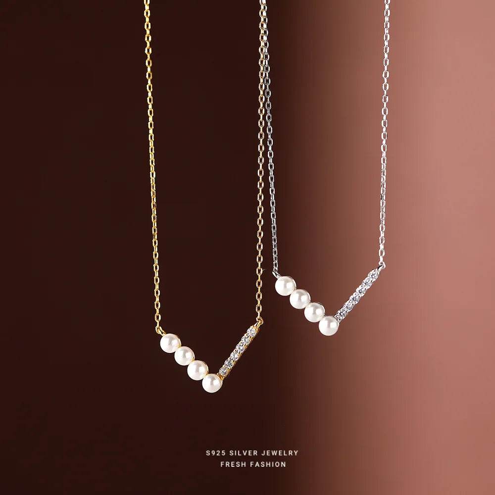 S925 Sterling Silver V Shape Half Pearl Half Zircon Pendant Necklace for Women Simple Light Luxury Wedding Jewelry Accessories - Touchy Style