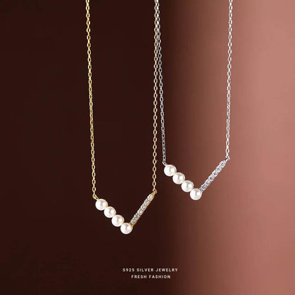 S925 Sterling Silver V Shape Half Pearl Half Zircon Pendant Necklace for Women Simple Light Luxury Wedding Jewelry Accessories - Touchy Style