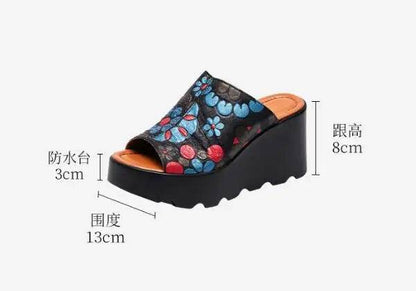 Genuine Leather Flowers Women Fashion Slippers Sandals New Summer Thick Sole High Heel Silppers Outer Wear Sandals