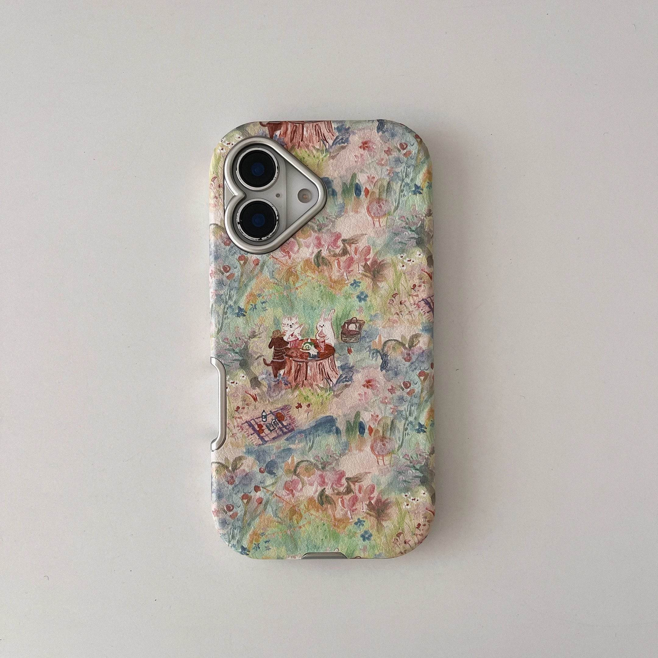 Cute Phone Cases For iPhone 16, 15, 14, 13 Pro Max - Vintage Oil Painting Animal Picnic in Garden - Electroplated Chic Cover - PC5330 - Touchy Style