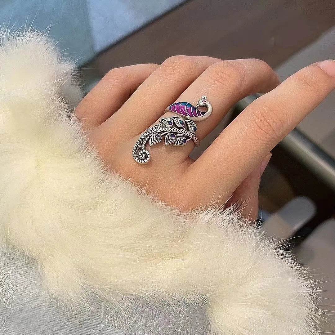 PANJBJ 925 Sterling Silver Animal Rings For Women Peacock Multicolour Feather Irregular Drip Glaze Jewelry Gift Dropshipping - Touchy Style