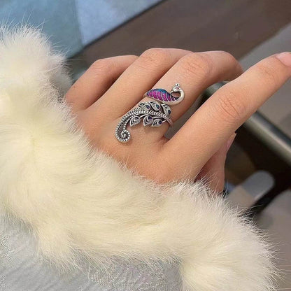 PANJBJ 925 Sterling Silver Animal Rings For Women Peacock Multicolour Feather Irregular Drip Glaze Jewelry Gift Dropshipping - Touchy Style