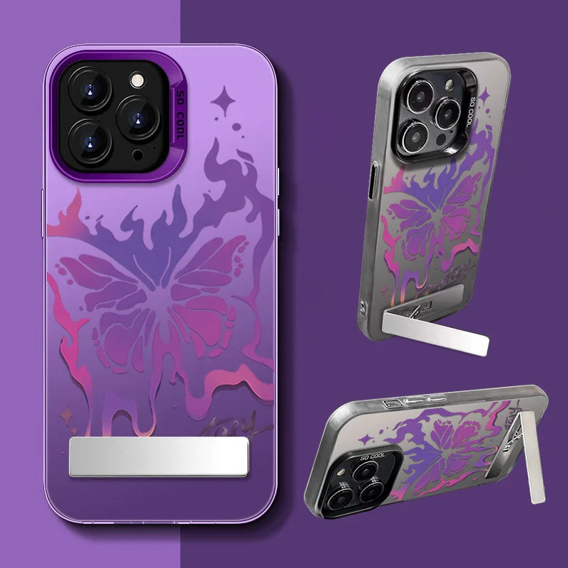 Purple Butterfly Phone Holder Case for iPhone 15 16 14 13 12 11 Pro Max X Xs Max XR 7 8 Plus Mini Luxury Aurora Stand Cover