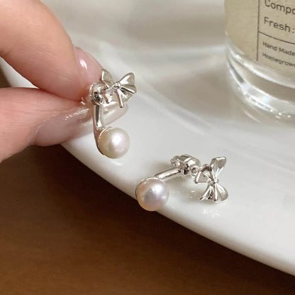 PANJBJ 925 Sterling Silver Bowknot Pearl Earrings For Women Design Sweet Simplicity Jewelry Party Gift Dropshipping - Touchy Style