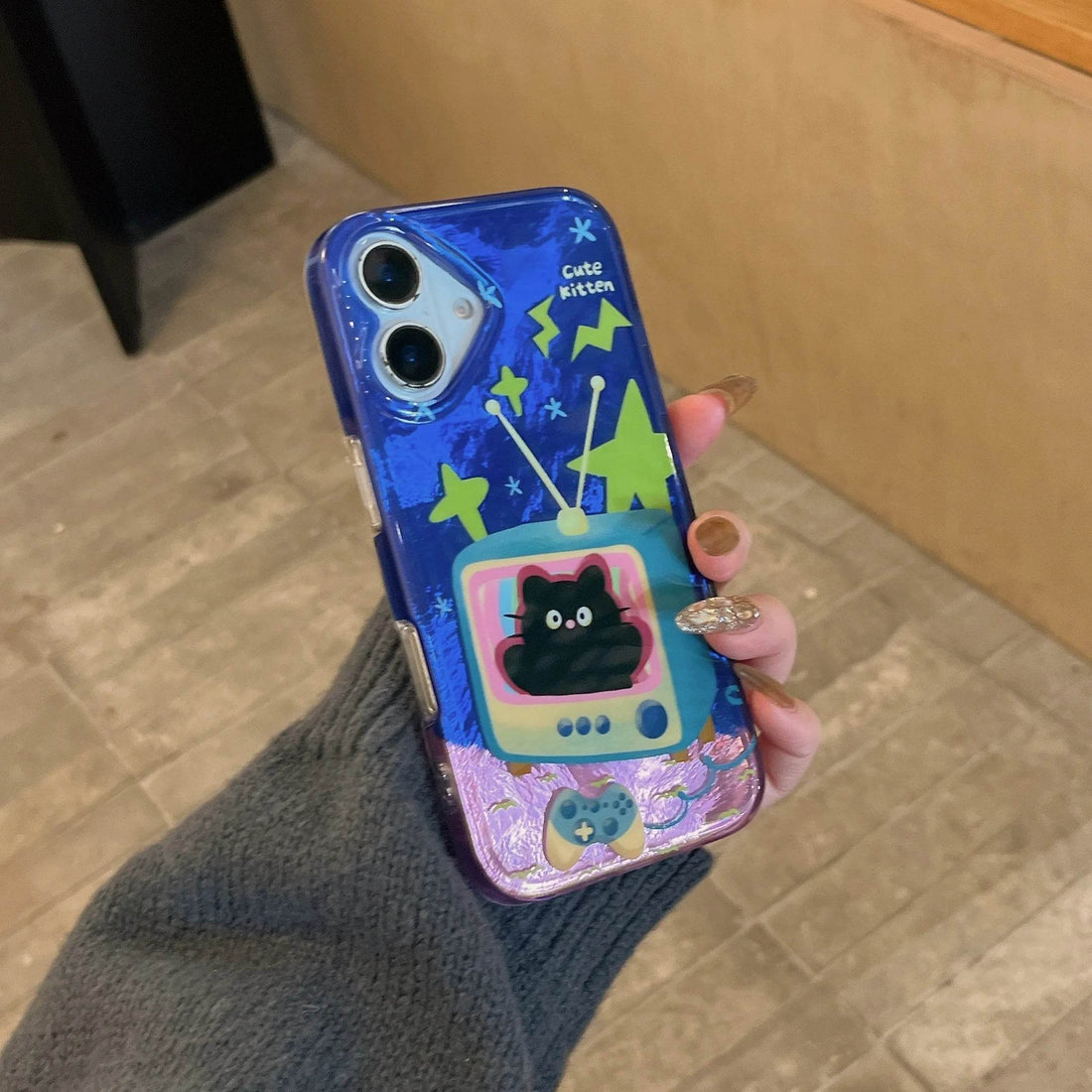 Cute Phone Cases For iPhone 16, 15, 14, 13 Pro Max - Cartoon Blue Kitten in TV - Double Layers IMD Back Cover - PC7420 - Touchy Style