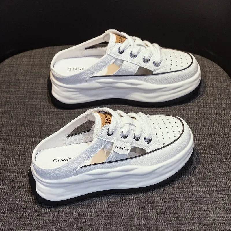 Genuine Leather Slippers Women Hollow Mules Summer Height Increasing Breathable Casual Shoes Wedges Platform Lace-up Sneakers - Touchy Style