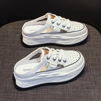 Genuine Leather Slippers Women Hollow Mules Summer Height Increasing Breathable Casual Shoes Wedges Platform Lace-up Sneakers - Touchy Style