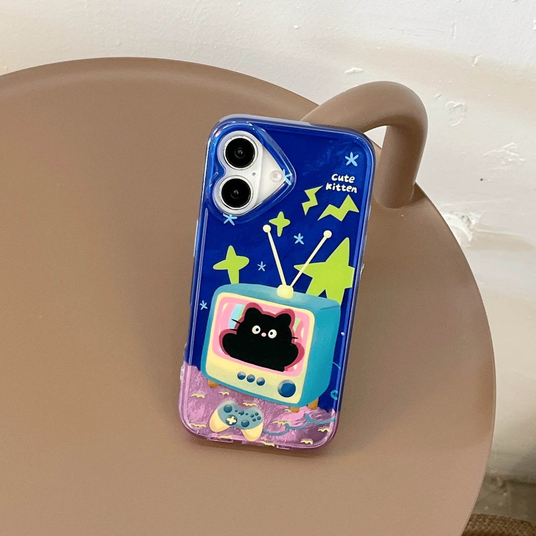 Cute Phone Cases For iPhone 16, 15, 14, 13 Pro Max - Cartoon Blue Kitten in TV - Double Layers IMD Back Cover - PC7420 - Touchy Style