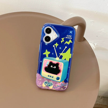 Cute Phone Cases For iPhone 16, 15, 14, 13 Pro Max - Cartoon Blue Kitten in TV - Double Layers IMD Back Cover - PC7420 - Touchy Style