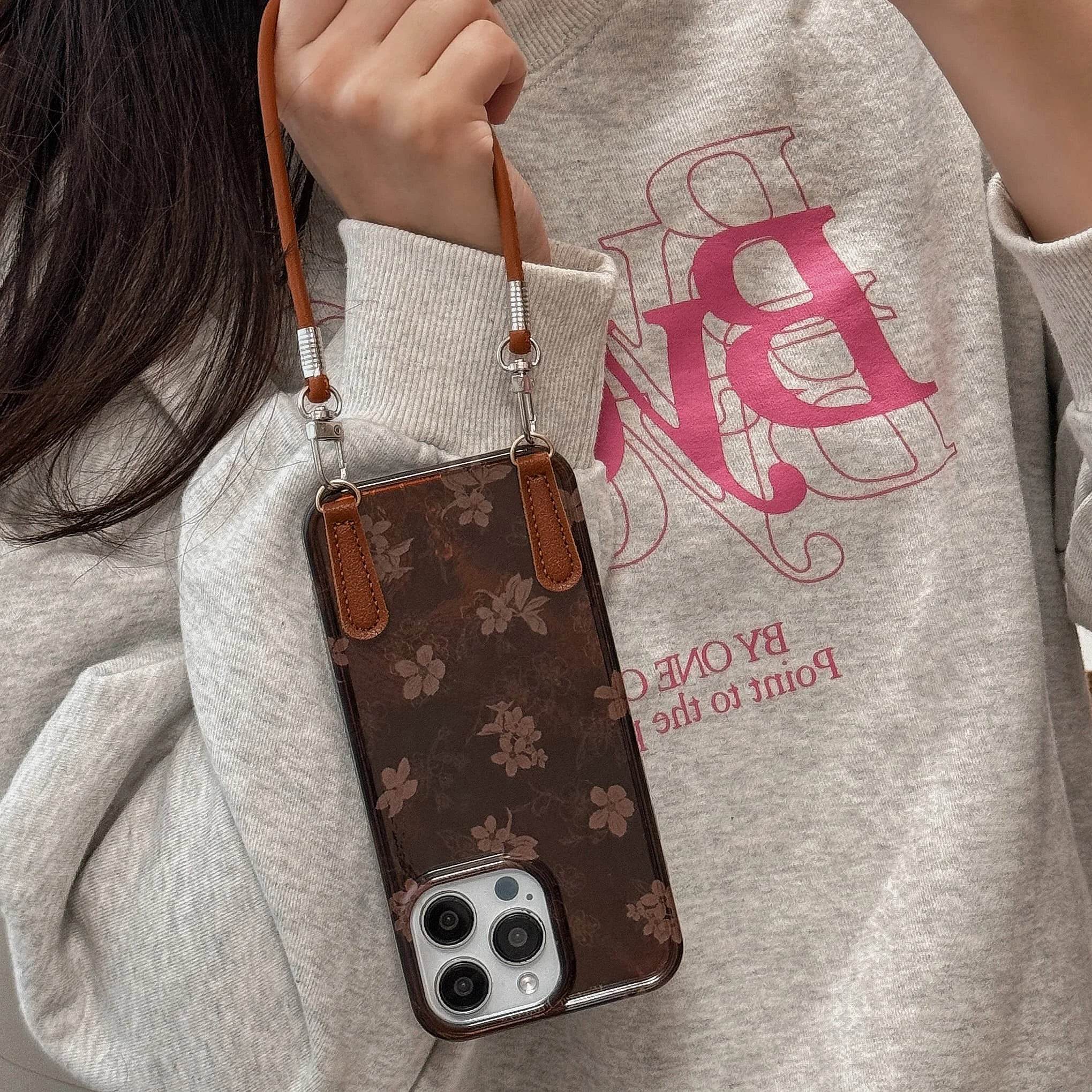 Cute Phone Cases for iPhone 16, 15, 14, 13 Pro Max - Leather Floral Prints With Leather Wrist Band - Chic Back Cover - PC2420 - Touchy Style