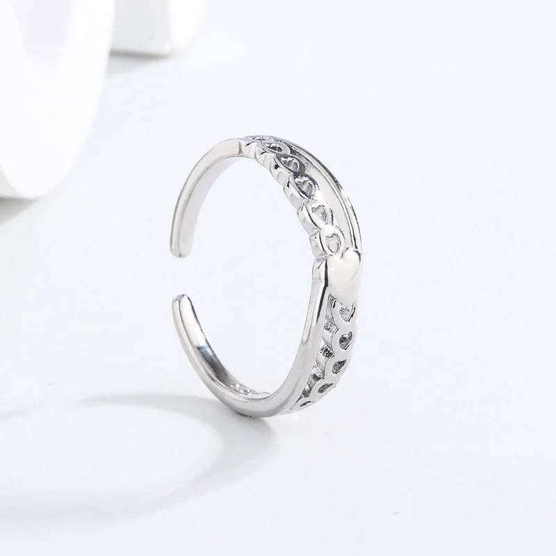 PANJBJ 925 Sterling Silver Love Heart Ring for Women Chain Overlapping Hollow Out Design Finger Jewelry Gift Dropshipping - Touchy Style