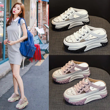 Genuine Leather Slippers Women Hollow Mules Summer Height Increasing Breathable Casual Shoes Wedges Platform Slip On Sneakers