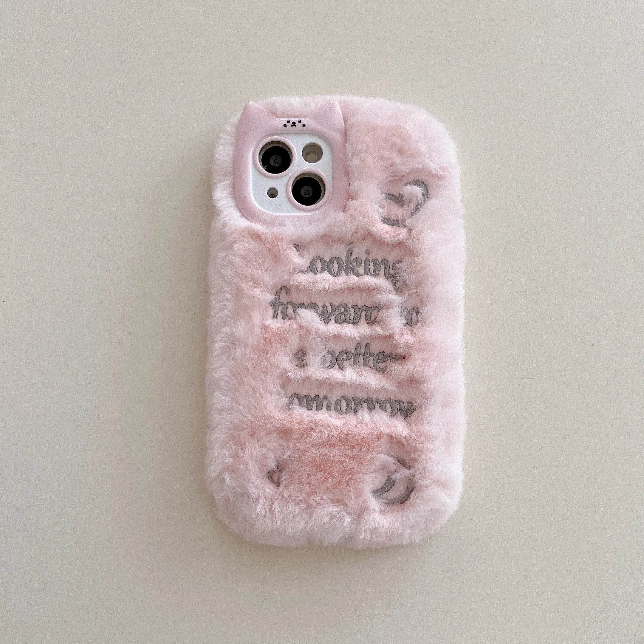 Cute Phone Cases For iPhone 16, 15, 14, 13 Pro Max - Pink &amp; White Fluffy with English Letter - Cat Ear Lens Frame - PC5330 - Touchy Style