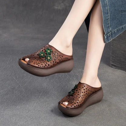 Fashion Cut-outs Women Shoes Slippers Summer Peep Toe Wedge Sandals Genuine Leather Lady Slides Shoes Woman