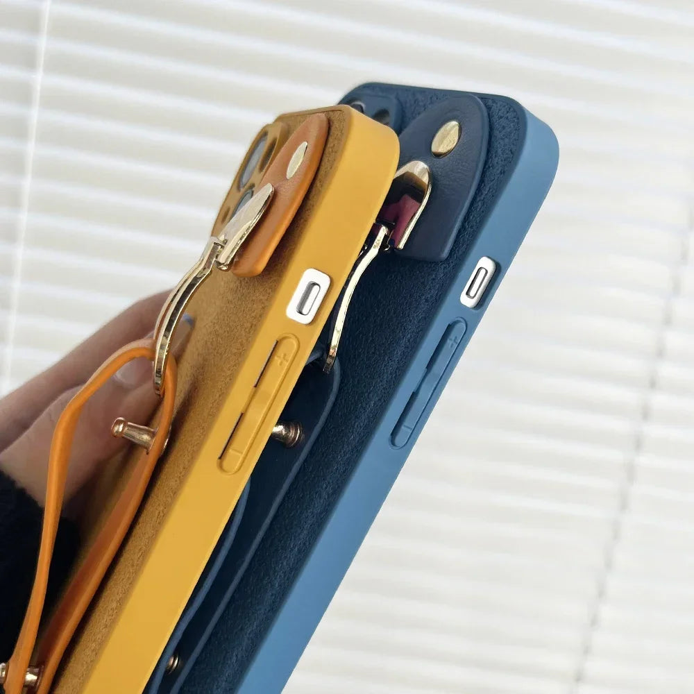 Leather Pattern Wrist Strap Case For iphone 16 15 14 13 12 11 Pro Max XR X Xs Max Luxury Shiny Color Shockproof Phone Cover