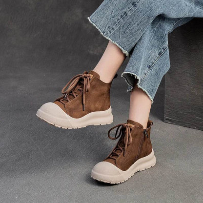 Autumn Retro Genuine Leather Short Boots Lace-Up High Top Comfortable Sneakers Thick Sole Platform Women&