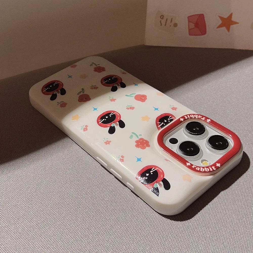 Cute Phone Cases For iPhone 16, 15, 14, 13, 12, 11 Pro Max, Xr, 16 Plus - Funny Tomato Black Rabbit Flowers Cover - IC6040 - Touchy Style