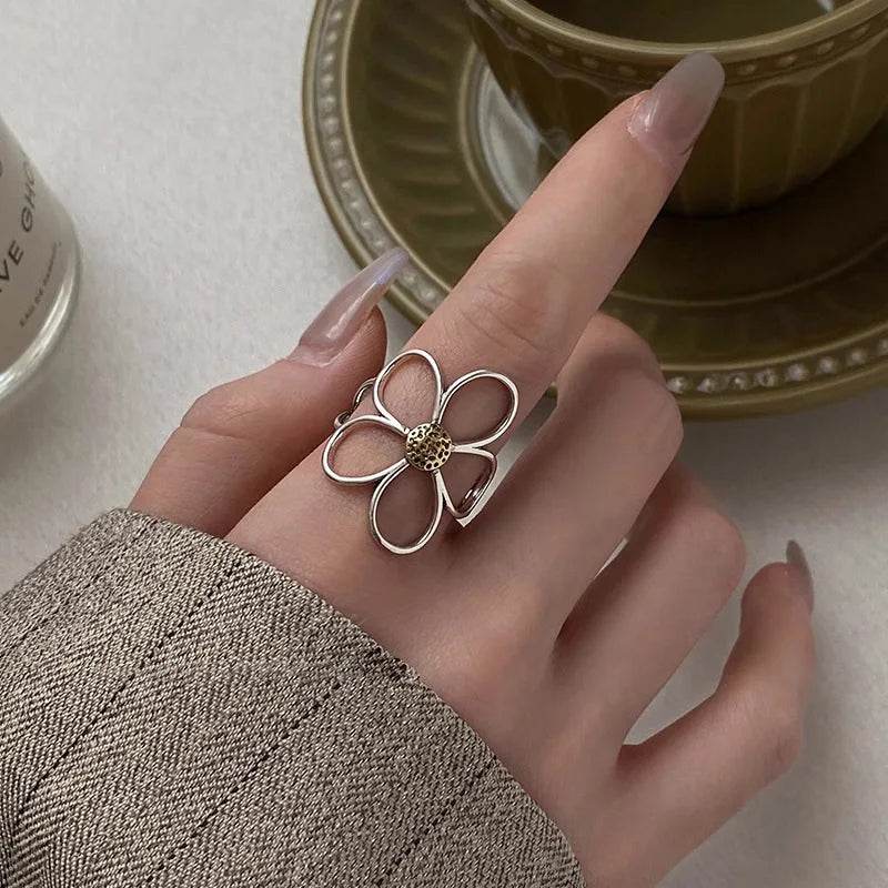PANJBJ 925 Sterling Silve Flower Ring for Women Gift Hollow Out Design Retro Hip Hop Versatile Jewelry Party Gift Dropshipping - Touchy Style