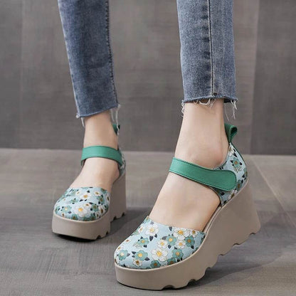 Women Sandals Genuine Leather New Summer Women Shoes hook &amp; loop Retro Wedges Casual Print Platform Ladies Sandals