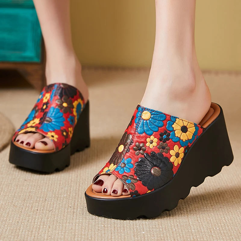 Genuine Leather Flowers Women Fashion Slippers Sandals New Summer Thick Sole High Heel Silppers Outer Wear Sandals