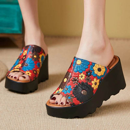 Genuine Leather Flowers Women Fashion Slippers Sandals New Summer Thick Sole High Heel Silppers Outer Wear Sandals