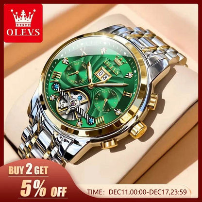 OLEVS Mens Watch Automatic Mechanical Tourbillon Slef-Wind Luxury Stainless Steel Strap Waterproof Luminous Date Wrist Watch - Touchy Style