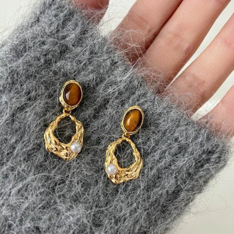PANJBJ 925 Sterling Silver Tigereye Drop Earring for Women Irregular Hollow Out Pearl Vintage Jewelry Gift Dropshipping - Touchy Style