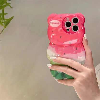 Korean cartoon 3D cute watermelon bear silicone phone case for iPhone 14 Pro Max 11 12 13 Xs Xr Xm Funny creative cartoon coverF