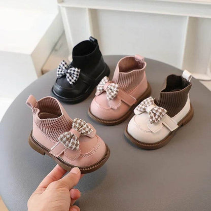 High Top Baby Girl Kintted Sock Shoes Houndstooth Buttefly-knot Toddler Boots for Kids Girls Elegant Newborn Autumn Shoes G09273 - Touchy Style