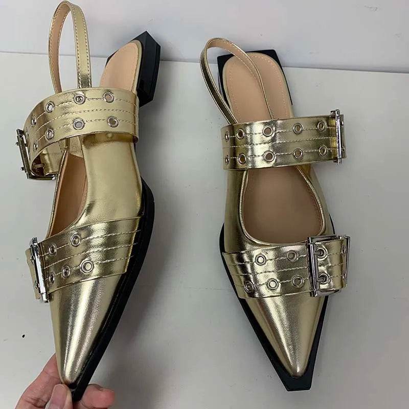Women Gladiator Sandals Low Heels Shoes Gold Mules Designer Fashion Ladies Shoes For Slides Pointed Toe Casual Female Slippers - Touchy Style