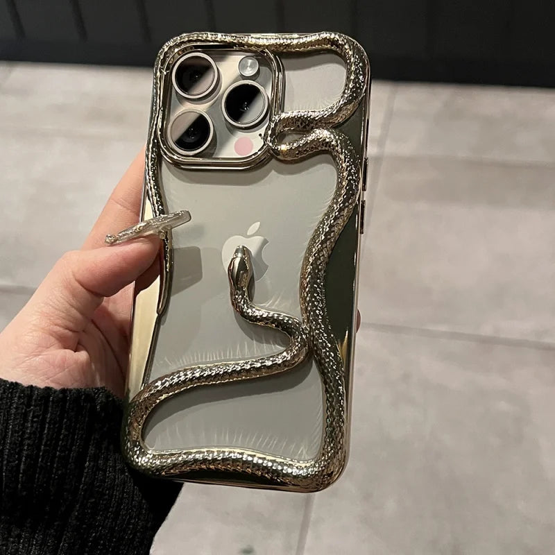 Luxury Plating 3D Snake Hollow Plain Phone Case For iPhone 16 15 14 13 12 11 Pro Max INS Fashion Creativity Shockproof Cover
