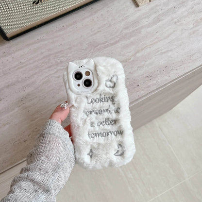 Cute Phone Cases For iPhone 16, 15, 14, 13 Pro Max - Pink &amp; White Fluffy with English Letter - Cat Ear Lens Frame - PC5330 - Touchy Style