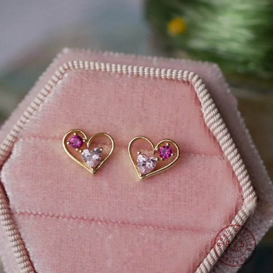Genuine 925 Sterling Silver Sweet Trendy Romantic Elegant Heart CZ Stud Earrings for Women Wedding Jewelry - Touchy Style