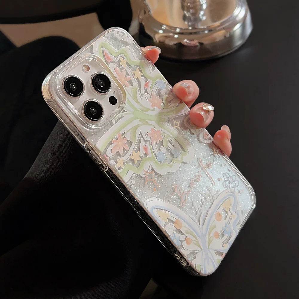 Cute Phone Cases For iPhone 16, 15, 14, 13, 12 Pro Max, 15, 14 Plus - Fairy Glitter Green Butterfly - Transparent Cover - IC1420 - Touchy Style