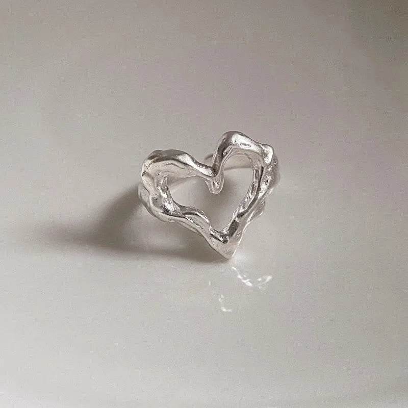 PANJBJ 925 Sterling Silver Love Herat Rings For Women Liquid Lava Hollow Out Design Fashion Versatile Jewelry Gift Dropshipping - Touchy Style