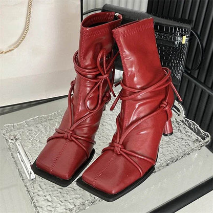 Spring Autumn Design Cross- Strap Women Ankle Boots Punk Style Square Toe High Heels Zipper Booties Shoes - Touchy Style
