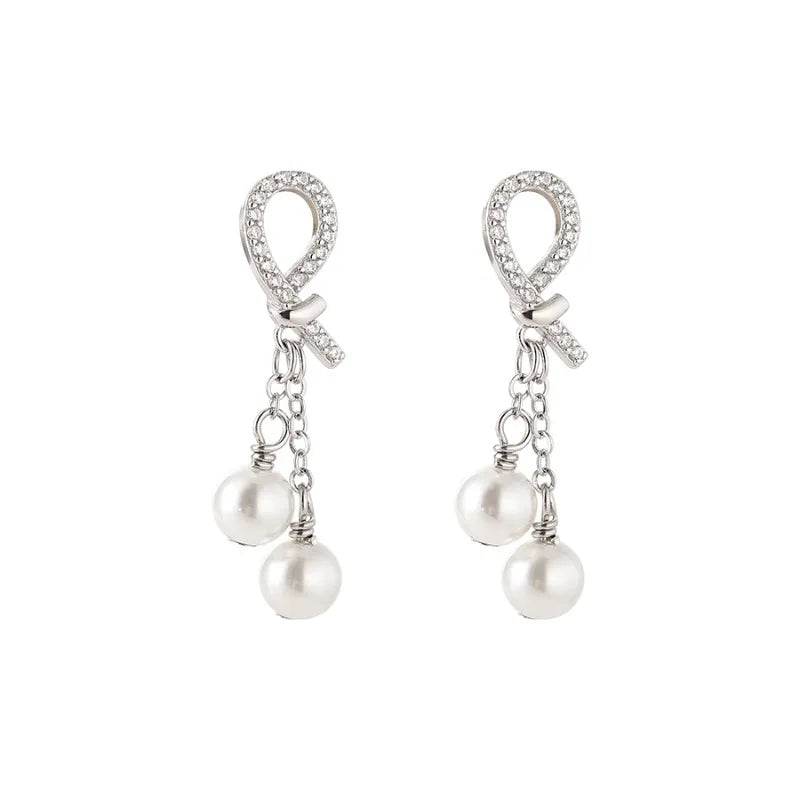 925 Sterling Silver Earring Charm Jewelry - Pearl Tassels Chain Sweet Bow - E6420 - Touchy Style