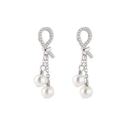 925 Sterling Silver Earring Charm Jewelry - Pearl Tassels Chain Sweet Bow - E6420 - Touchy Style