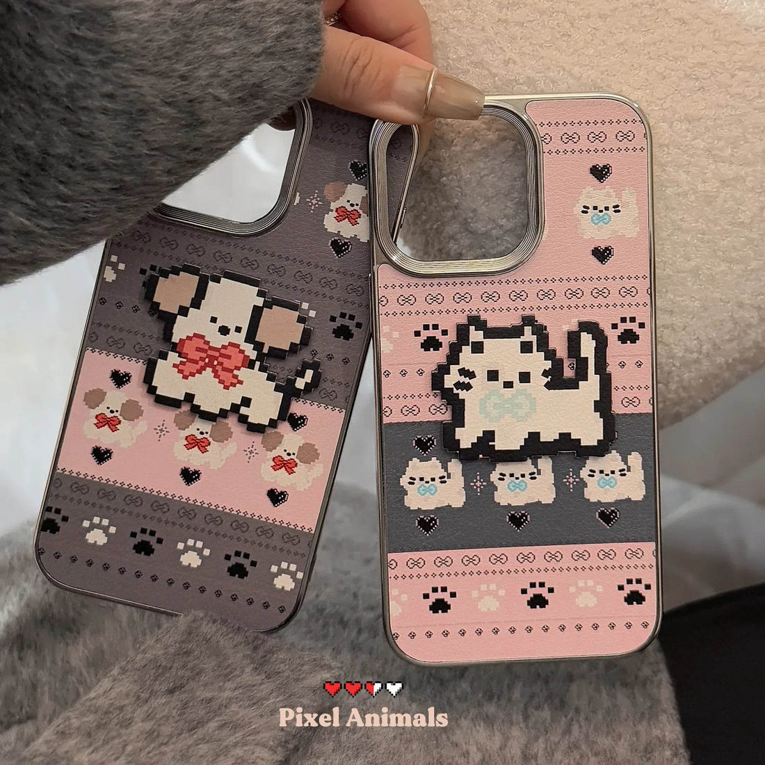 Cute Phone Cases For iPhone 16, 15, 14, 13, 12, 11 Pro Max - Pet Cat, Puppy Pixel Stick Plating Art - IC4050 - Touchy Style